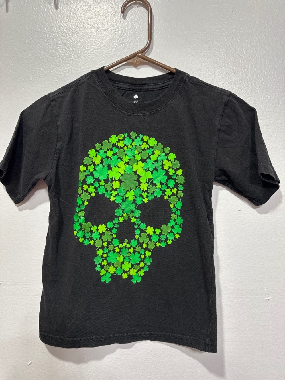 Kids Shamrock Skull Tee Unisex Black Green Short Sleeve T-shirt S (6/7)